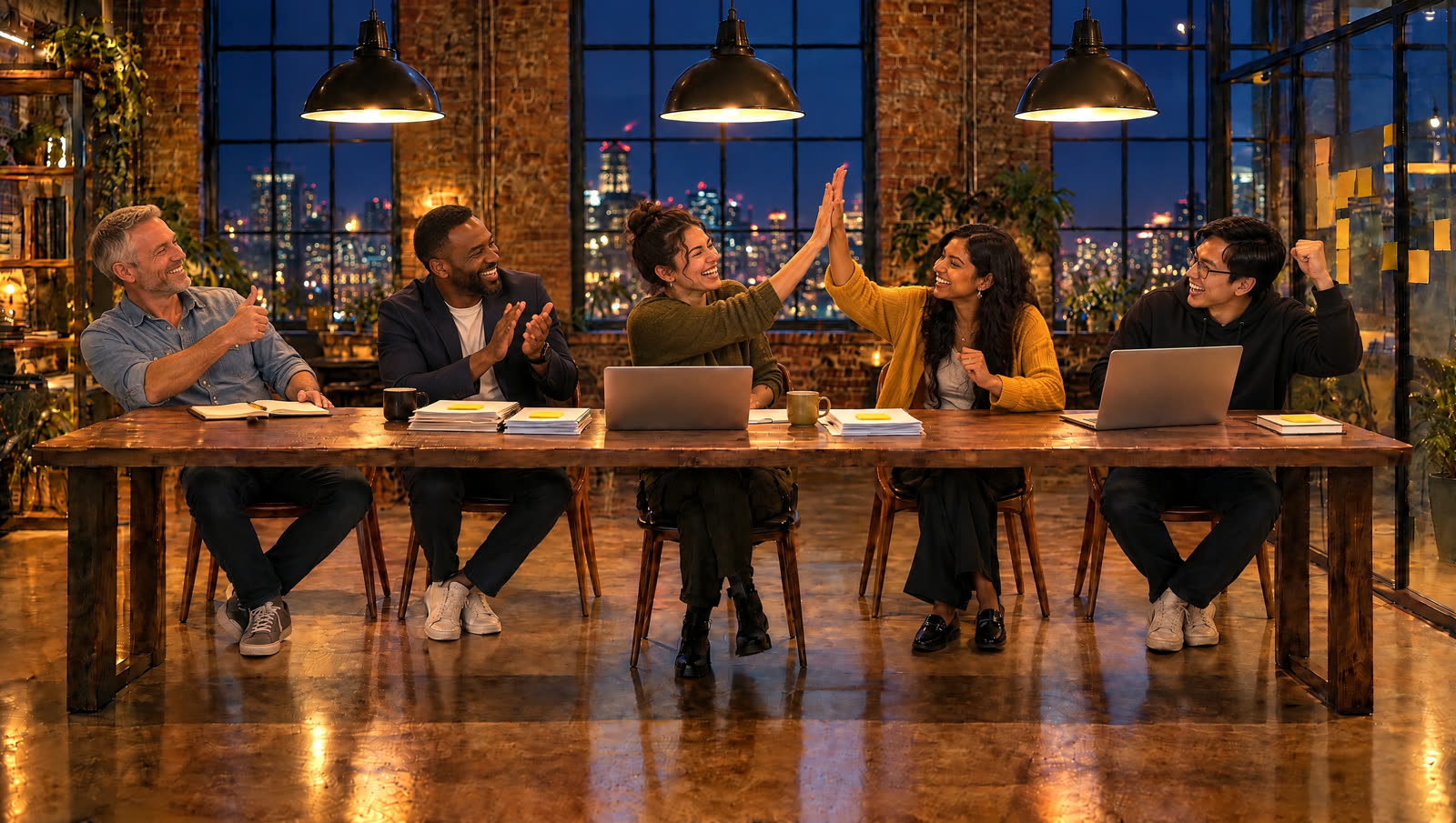 The five teammates celebrating a breakthrough with a high-five